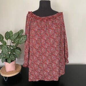 Max Studio Floral Print Blouse 3X Ruffle Neck Cottagecore Prairie Brick Red NWT